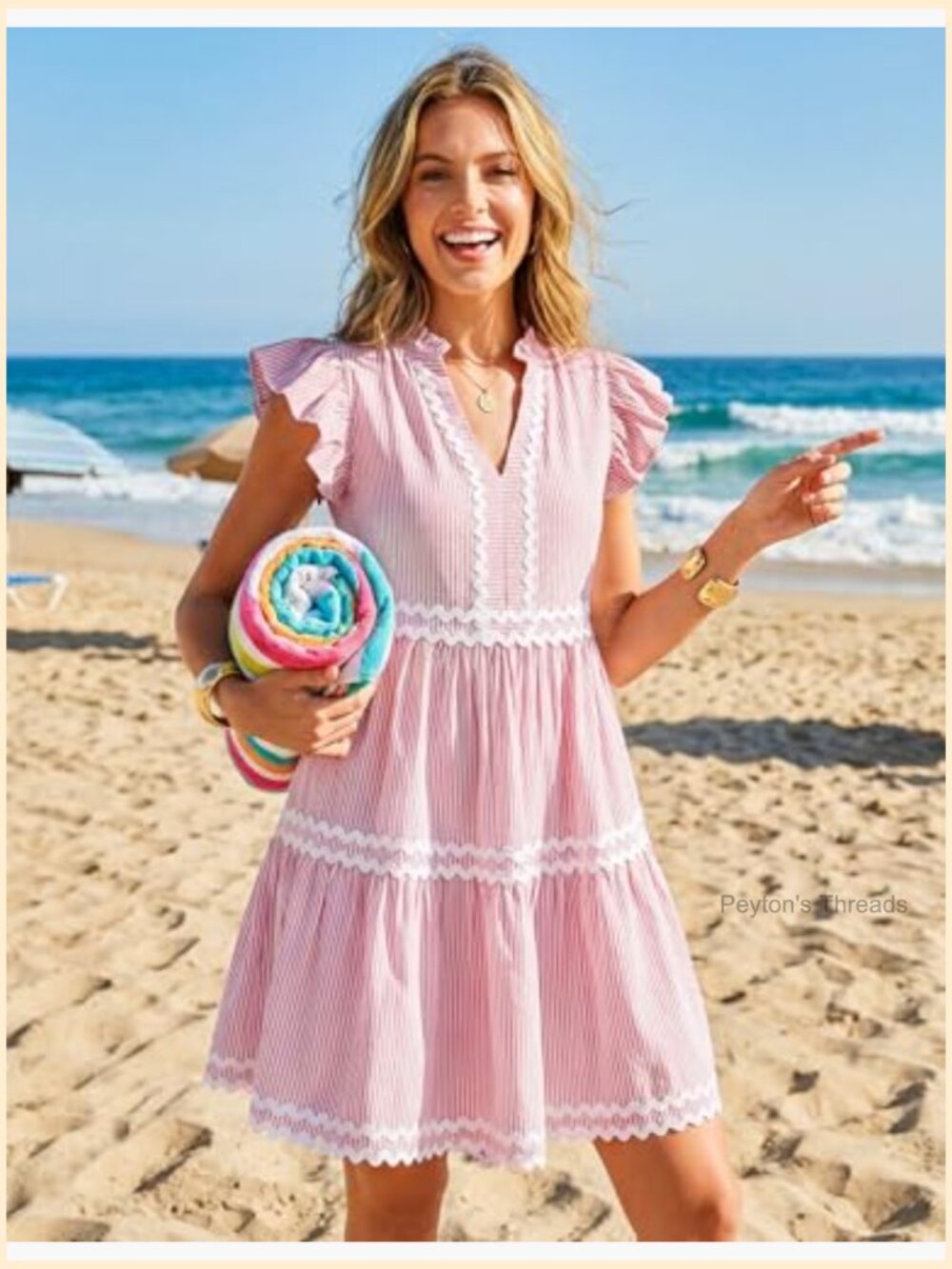 V Neck Flutter Sleeve Striped Ruffle A Line Mini Dress Beach Vacation - Picture 3 of 7